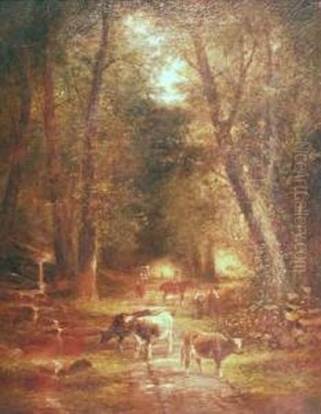 Cows On A Sunlit Wooded Path Oil Painting by Edmund Aylburton Willis