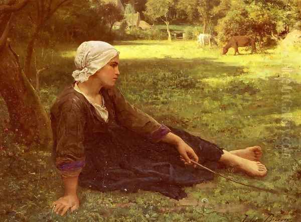 Jeune Fille Gardant Des Vaches (Girl Guarding the Cows) Oil Painting by Jules Breton