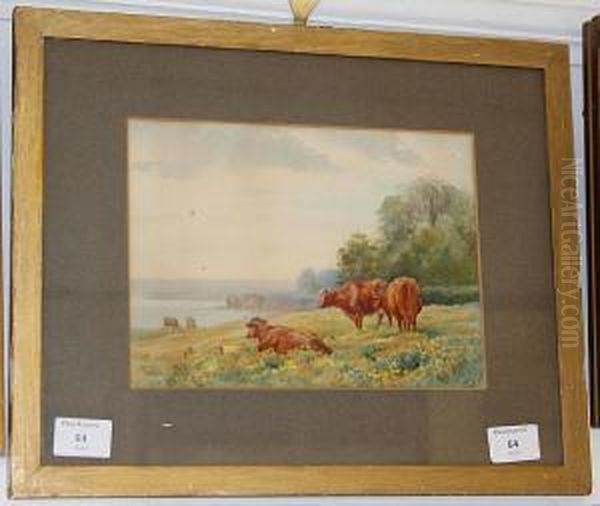 Cattle In A Cliff Top Meadow Oil Painting by Henry Brittan Willis