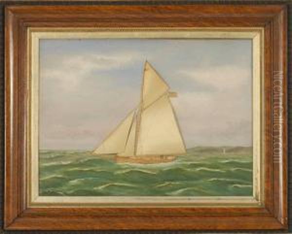 A Yacht Off The Coast, Depicting A Yacht With An American Flag Off A Lighthouse Set Against A Subtle Luminous Sky Oil Painting by Thomas Willis