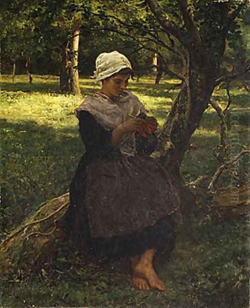 A Peasant Girl Knitting 1873 Oil Painting by Jules Breton