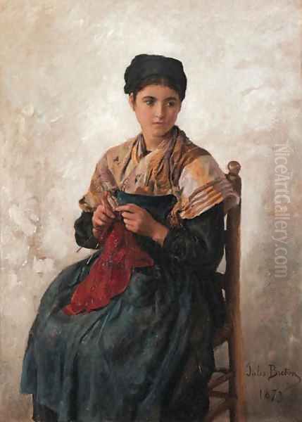 Jeune femme tricotant Oil Painting by Jules Breton