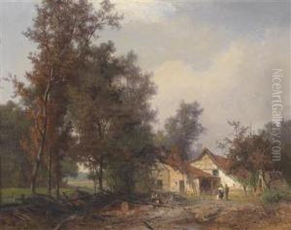 Farmstead With Human And Animal Figures Oil Painting by Josef Willroider