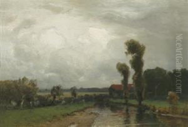 Landscape With Farmstead By The River Oil Painting by Ludwig Willroider