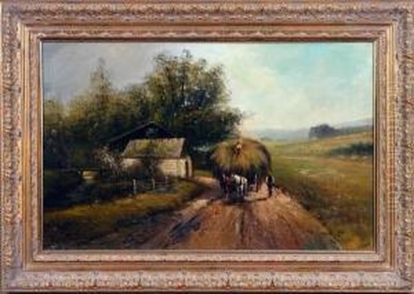 Country Road Landscape With Horsedrawn Wagon Oil Painting by G. Willson