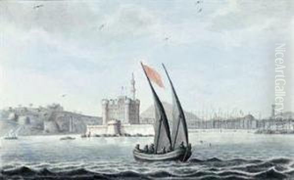 The Castle At The Entrance To The New Harbour Of Alexandria Bearings.e. 65., Near The Castle To The Left Is The Ancient Obelisk Knownby The Name Of Cleopatra's Needle, On The Right Is A Distant Viewof Pompey's Pillar - Taken On Board The Oil Painting by Rev. Cooper Willyams