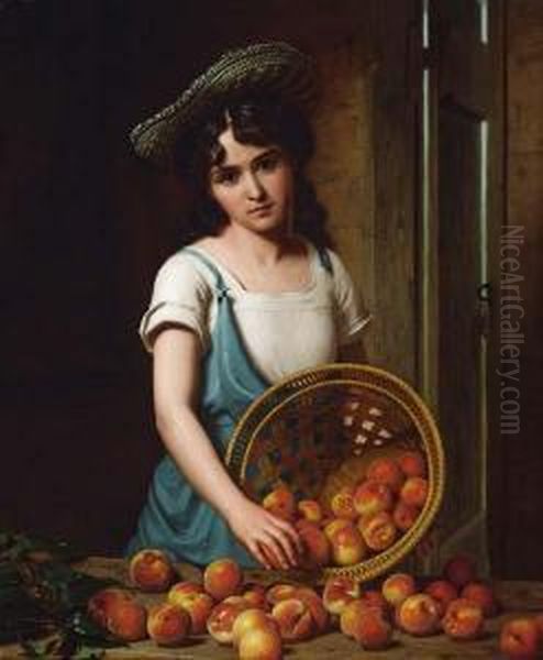 Girl With Peaches Oil Painting by Lemuel Everett Wilmarth