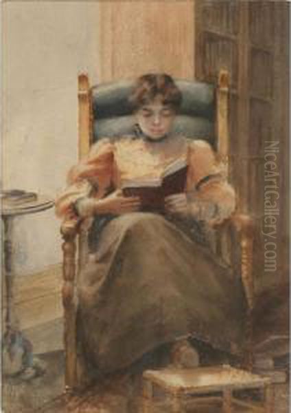 Portrait Of A Young Girl Reading In The Library Oil Painting by Alta Elizabeth Wilmot