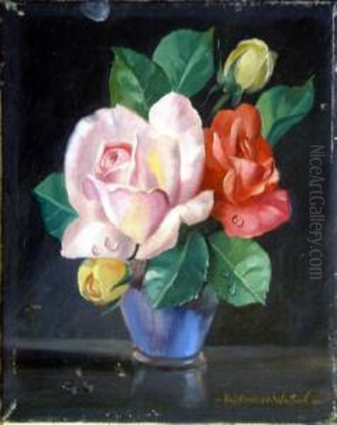 Unframed Oil On Canvas Roses In A Blue Vase Signed 10 X 8in Oil Painting by Alexander Wilson