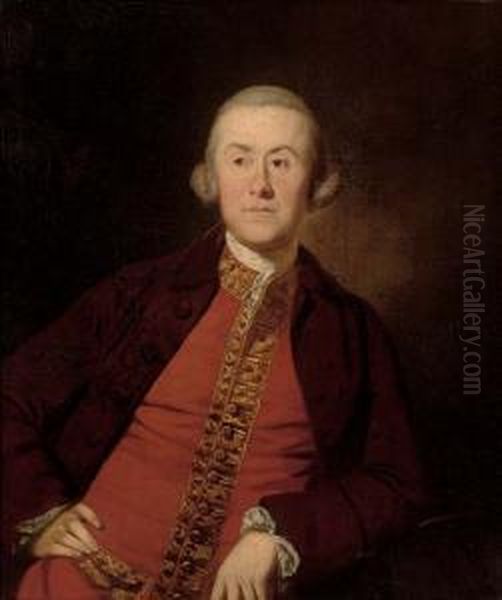 Portrait Of A Gentleman, Possibly A Member Of The Lister Kaye Family Of Denby Grange, Wakefield, Half-length, In A Burgundy Jacket And A Red Waistcoat With Gold Trim Oil Painting by Benjamin Wilson