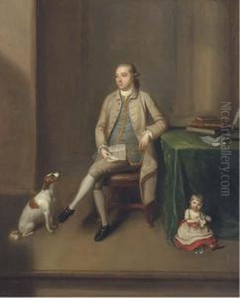 Portrait Of Sir William Gleadowe Newcomen And The Honourable Thomasnewcomen, Small Full-length, Sir William Holding A Letter, His Dogby His Side, The Honourable Thomas Tearing Up A Letter Oil Painting by Benjamin Wilson