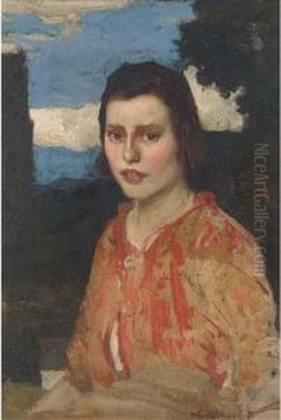 Portrait Of A Young Girl, Half-length, In A Red Blouse Oil Painting by David Forrester Wilson