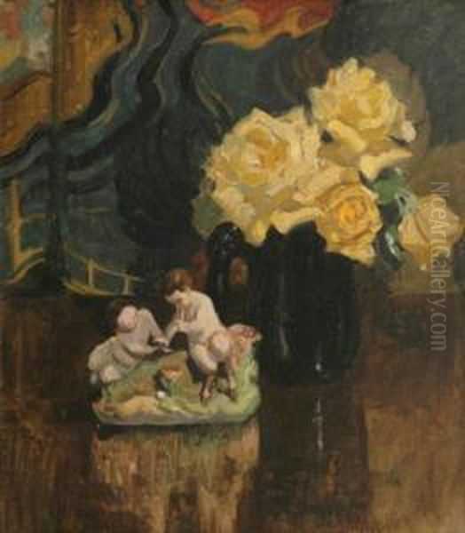 Still Life With Yellow Roses Oil Painting by Dora Lynnell Wilson