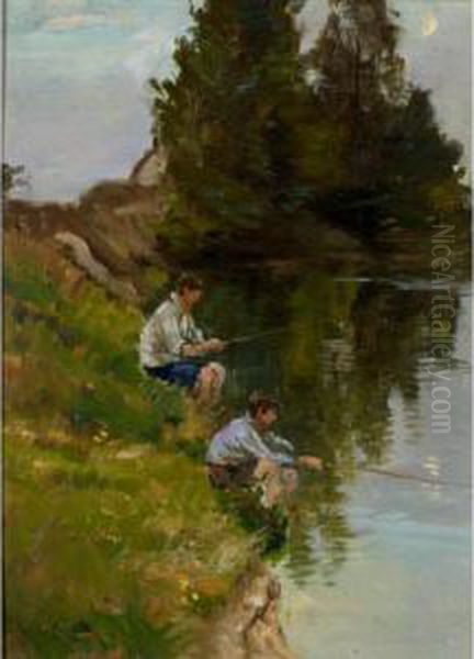 Fishing On The River Bank Oil Painting by Henry Mitton Wilson