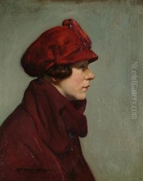 Portrait Of A Lady In Profile Wearing A Red Hat by Hugh Cameron Wilson