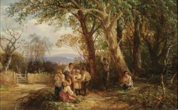 Children Gathering By The Woods Oil Painting by Jeremiah Wilson