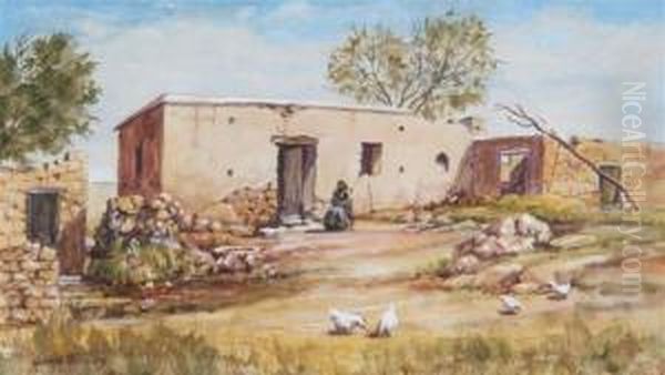 A Woman Seated Outside A Ramshackle Cottage With Hens In The Foreground Oil Painting by John Wilson