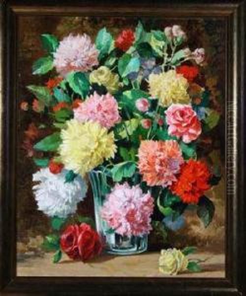 Carnations And Roses Arranged In A Glass Vase Oil Painting by John Wilson