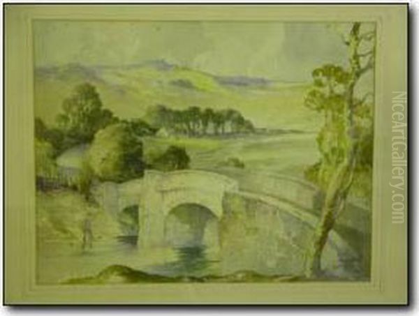 Stone Bridge With Fisherman And Distant Moors Oil Painting by John Wilson