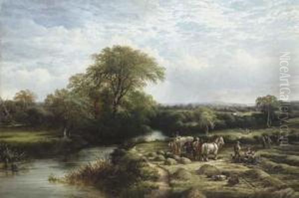 Peasants Working In A Field By A River Oil Painting by John J. Wilson