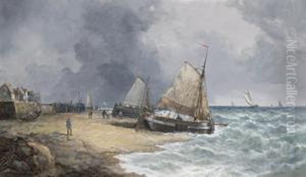 Fishing Boats On A Beach Oil Painting by John James Wilson