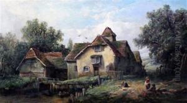 Watermill With Ducks And Children Fishing & Cottage Garden Oil Painting by John James Wilson