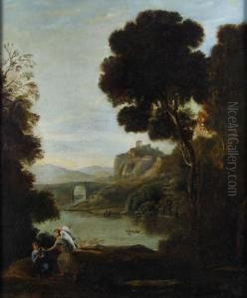 Pastoral River Landscape With An Angel And A Figure To Foreground Oil Painting by R. Wilson