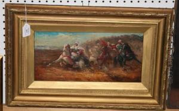 Eastern Scene With Figures On Horseback Charging Through A Landscape Oil Painting by R. Wilson