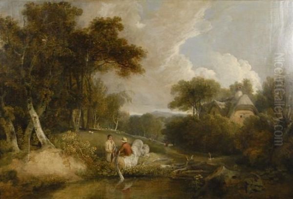 Figures In A Landscape With Cottage Oil Painting by Richard Wilson