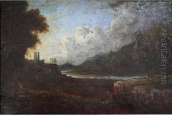 River Landscape With A Tower Oil Painting by Richard Wilson