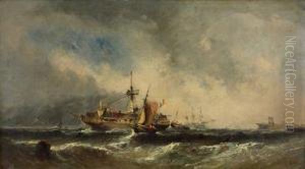 French Wrecked Warship Being Towed To Harbour Oil Painting by John Jock Wilson