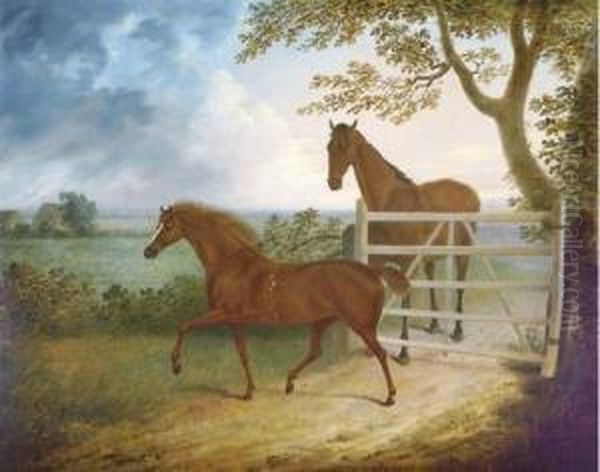 A Mare And Foal By A Five Bar Gate Oil Painting by Thomas Fairbairn