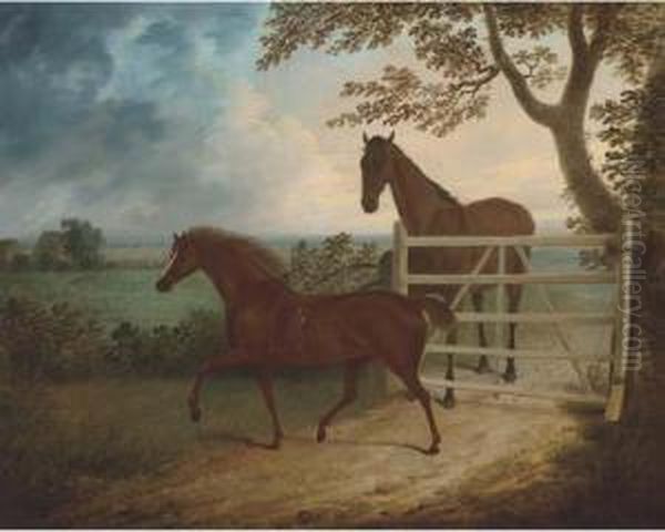 A Mare And Foal By A Five Bar Gate Oil Painting by Thomas Fairbairn