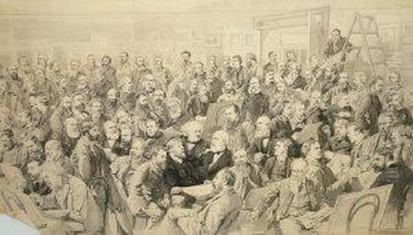 Group Portrait, Possibly Depicting The Royal Watercolour Society; Pen, Black Ink And Watercolour In Monochrome, Original Artwork For Illustration, Signed, 50.5x82cm. Note: There Appears To Be Several Notable Figures Amongst The Numerous Portraits, Bearing Oil Painting by Thomas Walter Wilson