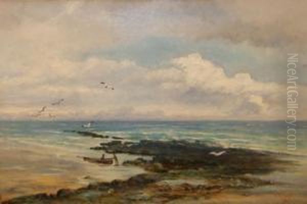 Coastal Scene With Figures And Fishing Boat Oil Painting by William Wilson