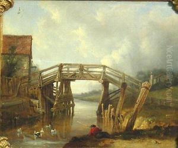 A River Landscape With A Figure Fishing Near Abridge Oil Painting by William Wilson