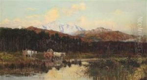 Ford At The River Versilia With A View Of The Alpi Apuane Oil Painting by William Heath Wilson