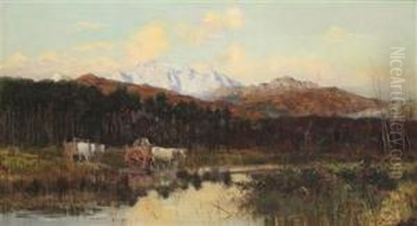 Ford Over Theversilia River With View Of The Alpi Apuane Oil Painting by William Heath Wilson