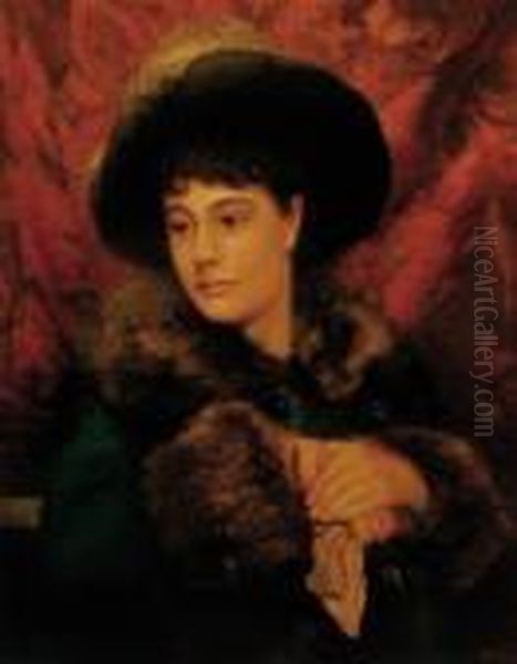 Portrait Of A Lady, Half-length, In An Ermine-lined Jacket And Aplumed Hat Oil Painting by William Heath Wilson