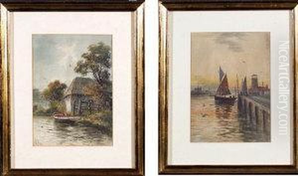 A Boat By A Watermill And A Fishing Smack Leaving Harbour Oil Painting by Joseph Wilton