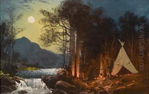 Moonlight Encampment Oil Painting by Charles Wimar