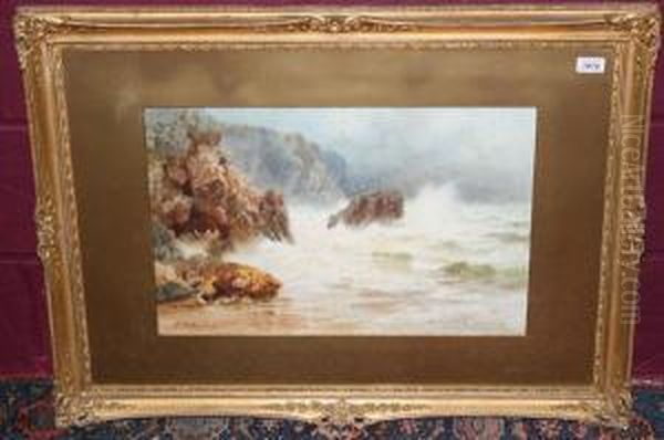 Cornish Coastal Scenes With Sea Breaking Upon The Shore Oil Painting by Henry B. Wimbush