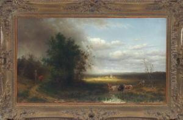 Sommertag Vor Einem Dorf Im Dachauer Land Bei Aufziehendem Gewitter, Vorne Ein Rastendes Bauernpaar Bei Seinen Kuhen An Der Tranke, Links Ein Spazierganger Mit Regenschirm An Einem Wegkreuz Oil Painting by Conrad Wimmer