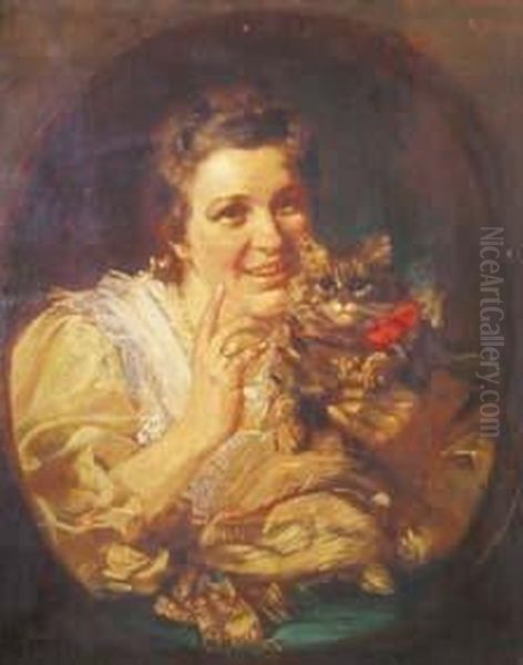 Giovanetta Con Gatto. Oil Painting by Rudolf Wimmer