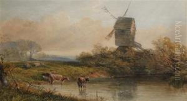 Cattle Watering Before A Windmill Oil Painting by Edmund Morison Wimperis