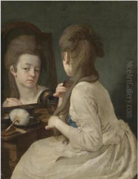 An Interior With A Young Lady At Her Toilet, Combing Her Hair Before A Mirror Oil Painting by Chrysostomus J. Winck