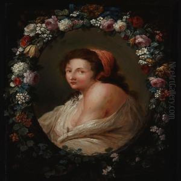 Portrait Of A Woman In An Oval Flower Medallion Oil Painting by Johann Amandus Winck