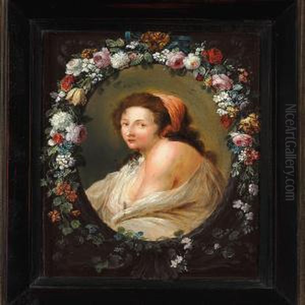 Portrait Of A Woman In An Oval Medallion Surrounded By A Flower Wreath Oil Painting by Johann Amandus Winck