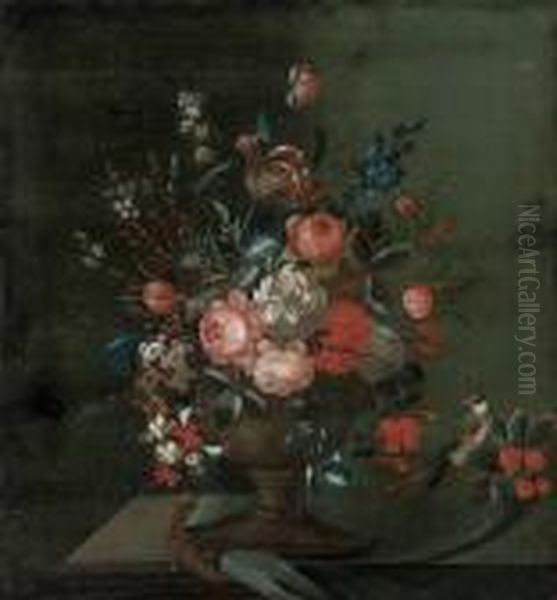 Roses, Chrysanthemums, Convolvulus, A Parrot Tulip And Other Flowers In An Urn Oil Painting by Johann Amandus Winck