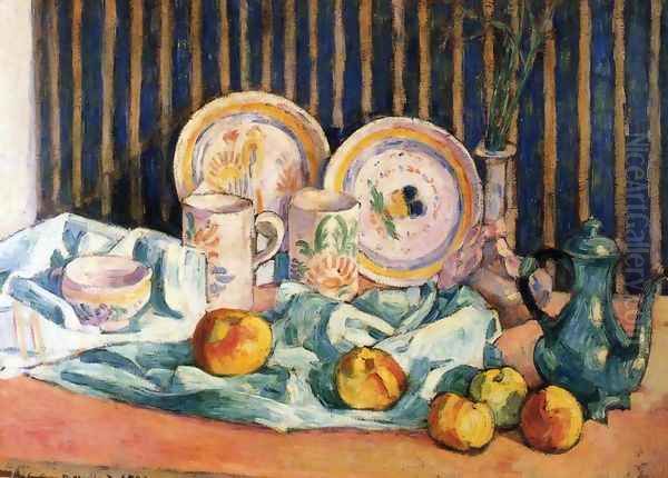 Still Life with Teapot, Apples and Dishes Oil Painting by Emile Bernard